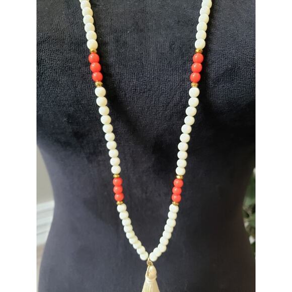 Women Beaded Long Necklace Ivory Red Beads Tassel Pendant Lobster Clasp Jewelry - Picture 4 of 6